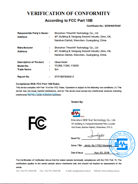YG series gloss meter sertifikat FCC